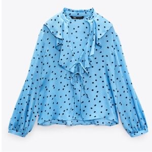 Zara Light Blue Blouse with Black Polka Dots